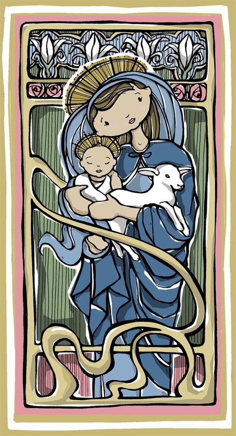 Virgin Mary with Christ Child and Lamb Prayer Card image 0