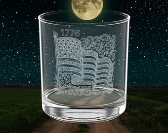 Personalized 1776 American Flag Whiskey Glasses, Bourbon Gifts, Custom Rocks Glass