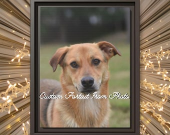 May include: A framed canvas print featuring a close-up portrait of a dog with brown and tan fur. The text "Custom Portrait From Photo" is written in cursive at the bottom. The frame is dark brown, and the background has a wooden texture with fairy lights.
