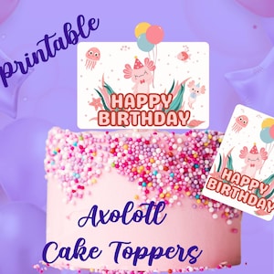 Printable Pink Axolotl Cake Toppers for Girl Birthday Party - Various Cake Topper Sizes 9&quot;x7&quot;, 6&quot;x4.5&quot;, 5&quot;x7&quot;, and 4&quot;x5&quot;; Downloadable