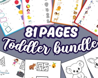 May include: A set of 81 printable activity pages for toddlers. The pages feature matching games, mazes, and colouring activities. The pages are designed to help toddlers develop their fine motor skills, problem-solving skills, and cognitive skills.