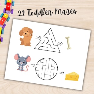 May include: A printable worksheet with 22 toddler mazes. The mazes feature a dog, a mouse, a bone, and a piece of cheese. The mazes are designed to help toddlers develop their fine motor skills and problem-solving abilities.