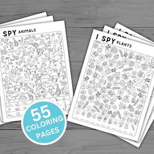 Op de afbeelding: Een set van 55 zwart-wit kleurplaten met "Ik zie, ik zie"-spellen. Eén pagina toont een verscheidenheid aan dieren, en een andere pagina toont een verscheidenheid aan planten. De tekst "55 kleurplaten" is gedrukt in een blauwe cirkel.