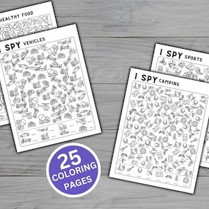 Puede incluir: Cuatro hojas de actividades imprimibles "Veo, veo" en blanco y negro con diferentes temas: Comida saludable, Vehículos, Deportes y Camping. Cada hoja tiene un título y una cuadrícula de imágenes para encontrar. Las hojas forman parte de un conjunto de 25 páginas para colorear.