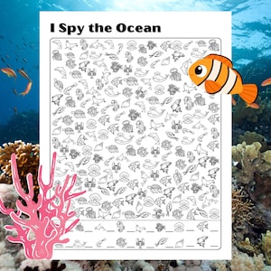 Puede incluir: Una hoja de actividad imprimible en blanco y negro "I Spy the Ocean" con una variedad de criaturas marinas para encontrar. La hoja incluye un pez payaso, un delf&iacute;n, un caballito de mar, un cangrejo y m&aacute;s.
