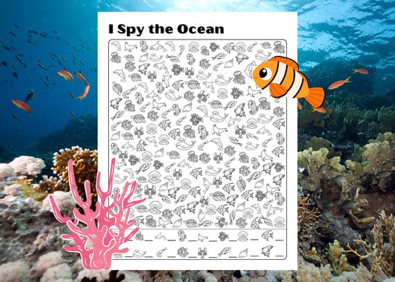 I Spy the Ocean Coloring Page, Difficult Activity (Instant PDF download)