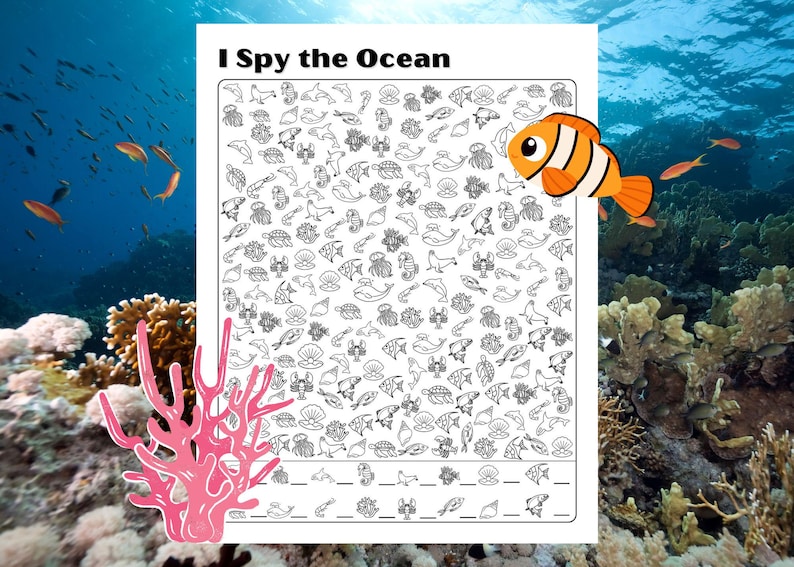 Puede incluir: Una hoja de actividad imprimible en blanco y negro "I Spy the Ocean" con una variedad de criaturas marinas para encontrar. La hoja incluye un pez payaso, un delf&iacute;n, un caballito de mar, un cangrejo y m&aacute;s.