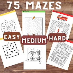 May include: A set of 75 printable mazes in three difficulty levels: easy, medium, and hard. The mazes feature various themes, including a cake, a carrot, and a fire truck.
