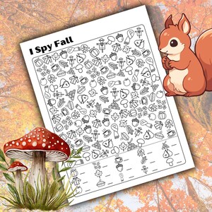 Könnte beinhalten: Ein schwarz-weißes, druckbares I Spy Fall-Aktivitätsblatt mit einem Raster aus Herbstmotiven. Das Blatt enthält Bilder von Kürbissen, Eicheln, Blättern, Schals und vielem mehr. Der Text "I Spy Fall" befindet sich oben auf dem Blatt.