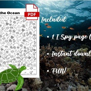 Puede incluir: Una hoja de actividad imprimible en blanco y negro "I Spy the Ocean" con una ilustraci&oacute;n de tortuga marina. La hoja incluye una lista de criaturas marinas para encontrar. El texto "Incluido: 1 p&aacute;gina I Spy (pdf), Descarga instant&aacute;nea, &iexcl;Diversi&oacute;n!" se muestra en un fondo azul con coral.
