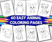 60 Easy Animal Coloring Pages, Toddler Printables (PDF Pattern)