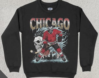 Chicago Hockey Crewneck, amerikanisches Mannschaftssport-Sweatshirt, Amerika Sportbekleidung, Hockey Fan Geschenk, Hockey Liebhaber, Vintage, Black Hawk