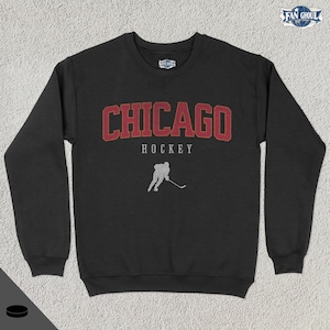 Chicago Hockey Varsity Sweatshirt, College Sports Crewneck, College Sweater, Hockey Fan Gift, Hockey Lover Apparel, Vintage Retro, Black