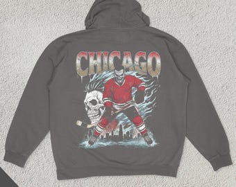 Bluza z kapturem Chicago Hockey, sweter American Team Sports, odzież America Sports, prezent dla fana hokeja, miłośnik hokeja, zabytkowy hokej, Black Hawk