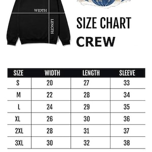 May include: Size chart for a black crew neck sweatshirt with the text "FAN GHOUL" in a distressed white font. The chart shows measurements in inches for width, length, and sleeve length for sizes S through 3XL.