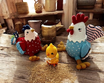 Galo e galinha de crochê de pelúcia, família de aves feita à mão em algodão, presente de Natal