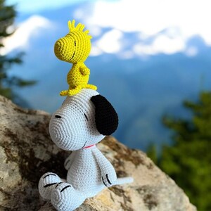 Pode incluir: Figuras de Snoopy e Woodstock de croch&ecirc;. Snoopy &eacute; branco com orelhas e uma mancha pretas, e Woodstock &eacute; amarelo. Eles est&atilde;o sentados em uma rocha com um fundo de montanha desfocado.