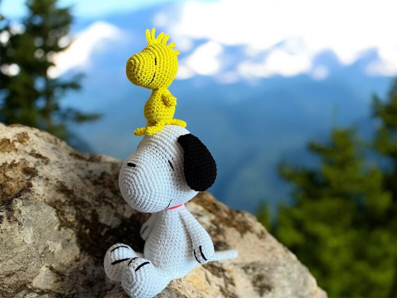 Pode incluir: Figuras de Snoopy e Woodstock de croch&ecirc;. Snoopy &eacute; branco com orelhas e uma mancha pretas, e Woodstock &eacute; amarelo. Eles est&atilde;o sentados em uma rocha com um fundo de montanha desfocado.