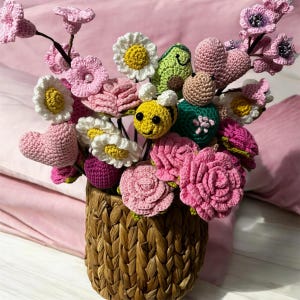 かぎ針編みの花束、あみぐるみの花束、パーソナライズされた花束、かぎ針編みのフィギュアの花束、バレンタイン、母の日のための手作りの花束