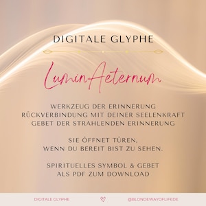 Könnte beinhalten: Digitaler Kunstdruck mit dem Text "DIGITALE GLYPHE" und "Lumin Aeternum" in fließender Schrift. Das Design zeigt einen weichen, goldenen Hintergrund mit fließenden Lichtmustern und zusätzlichem Text auf Deutsch.