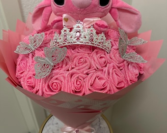 Stitch - Pluche - Eeuwigdurend Rozenboeket. Rozen met glitter. Cadeau voor stellen voor jubilea, verjaardagen, Moederdag, Valentijnsdag.