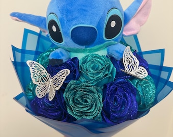 Stitch - Pluche boeket met eeuwige rozen. Ramo Buchon. Glitterrozen. Cadeau voor koppels voor een jubileum, verjaardagscadeau of Moederdag.