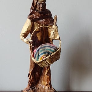 Vintage Mexican Folk Art Paper Mache Figurine Elderly Woman with Basket On Wooden Base