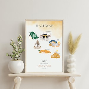 Impression numérique personnalisée du Hajj Moubarak - Carte du Hajj, art mural islamique personnalisé avec noms et année - Cadeau numérique Hajj & Omra pour musulmans
