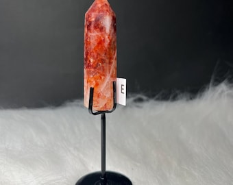 Vibrant Fire Quartz Point Wand Crystal Display – Silver Holder, Energy Decor