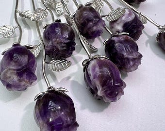 AAGrade Amethyst Rose Crystal Carving with Metal Leaf on Stand
