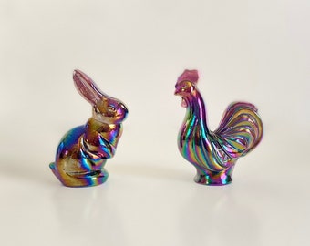 Fenton Vintage Miniature Iridescent Carnival Glass Rooster and Bunny Rabbit Figurines.