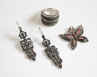 Vintage Marcasite & Crystal Earrings, Ring and Butterfly Pendant.  Marcasite Wholesale Collection Set.