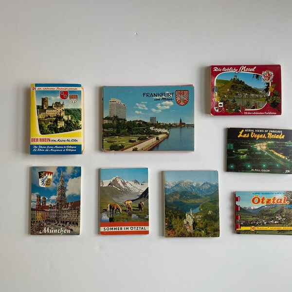 8 Vintage Miniature Postcard and Color Photo Mini Scenic Booklets.  Munchen, Frankfurt, Cologne, Germany, Austrian Alps and Las Vegas.