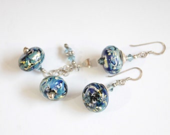 Vintage Murano Venetian Roman Lampwork Blue Glass Hand Crafted Earrings and Pendant.  Lovely Sterling Silver Blue Swirl Glass Jewelry Set.