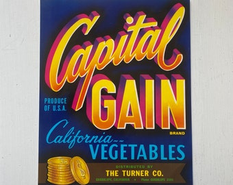 Vintage Produce Crate Label.  Old and unused Capital Gain California Vegetable Label.  Distributed by The Turner Company.