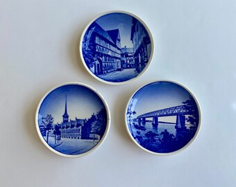 Vintage Royal Copenhagen Trio Mini Plates, Denmark Scenery, 3.25" Danish Cobalt Blue & White Collectible China. Collector's Dishes.