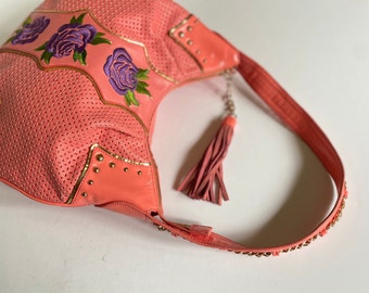 Vintage Sharif Designer Shoulder Bag.  Salmon Orange with Purple Flowers.  Great Vintage Condition with original protective bag.  1980's.