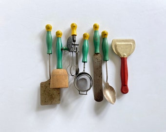 Vintage Child's Toy Utensil Set. Wood Handle Knob with Cute Painted Face. Circa 1920 to 1940s. Toy Hand Mixer, Churner, Spatula & Strainer.