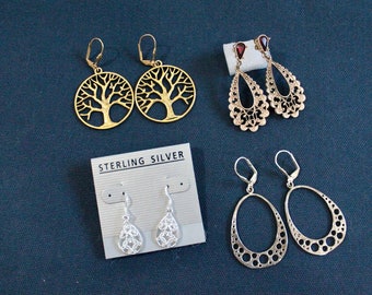 Vintage Filigree Scroll Earrings. Lot of 4 Pairs of Silver, Nickel, Plated and Alloy Earrings.