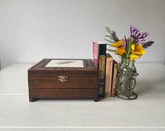 Vintage Mexican Wood Box.  Hand carved with Tile Inlay.  Handmade Beautiful Keepsake Wooden Trinket Treasure Jewelry Watch Box with Lid.