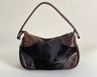 Brown Cow Hide and Leather Handbag.  Abro Vintage Italian Bag Purse.