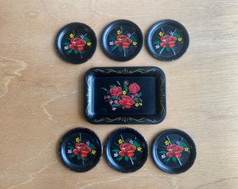 Vintage Mini Black Rose Metal Tray and Matching Metal Coasters.  Mini Floral Tray.  Vintage Metal Tray and Coasters.