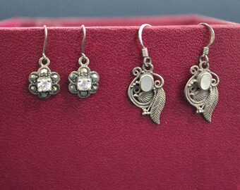 Vintage Silver Earrings. Lot of 2 Pairs of Moonstone & Crystal Silver Earrings.  Lovely Petite Dangle Earrings.