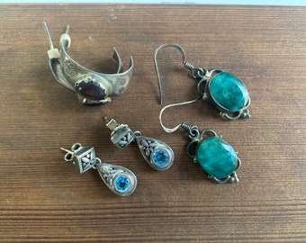 Vintage Silver Earrings. Lot of 3 Pairs of Gemstone Earrings.  Malachite, Aquamarine and Garnet Mexican Texas Silver Earrings.  Mexico.