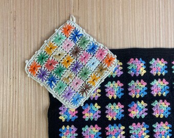 Vintage Crochet Granny Square Mini Blanket, Trivet, Doily, Pot Holder.  Handmade Doll blanket.  Granny Squares.  Crochet Sunburst Flower.