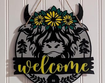 Letrero de bienvenida de vaca de las tierras altas / Decoración rústica para el hogar / Listo para enviar