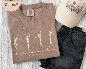 Dry Bones Come Alive- Skeleton Figure Dancers T-Shirt | Minimal Line Art, Garment-Dyed, Christian October