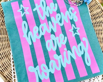 The Heavens are Roaring T-shirt | pastel stripes, script lettering, stars, Easter, Christian Tee