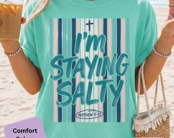I'm Staying Salty Collection T-Shirt | Striped Beach Script Graphic