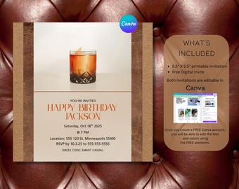 Whiskey Birthday Invitation | Editable Canva Template | Whiskey Party Invite | Bourbon Tasting Birthday | Printable Whiskey Invite